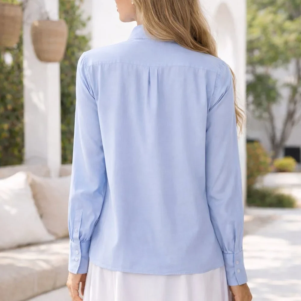 Valentino Soft Powder Blue Chambray  Long Sleeve Bow Blouse, Size 4 - Picture 3 of 8